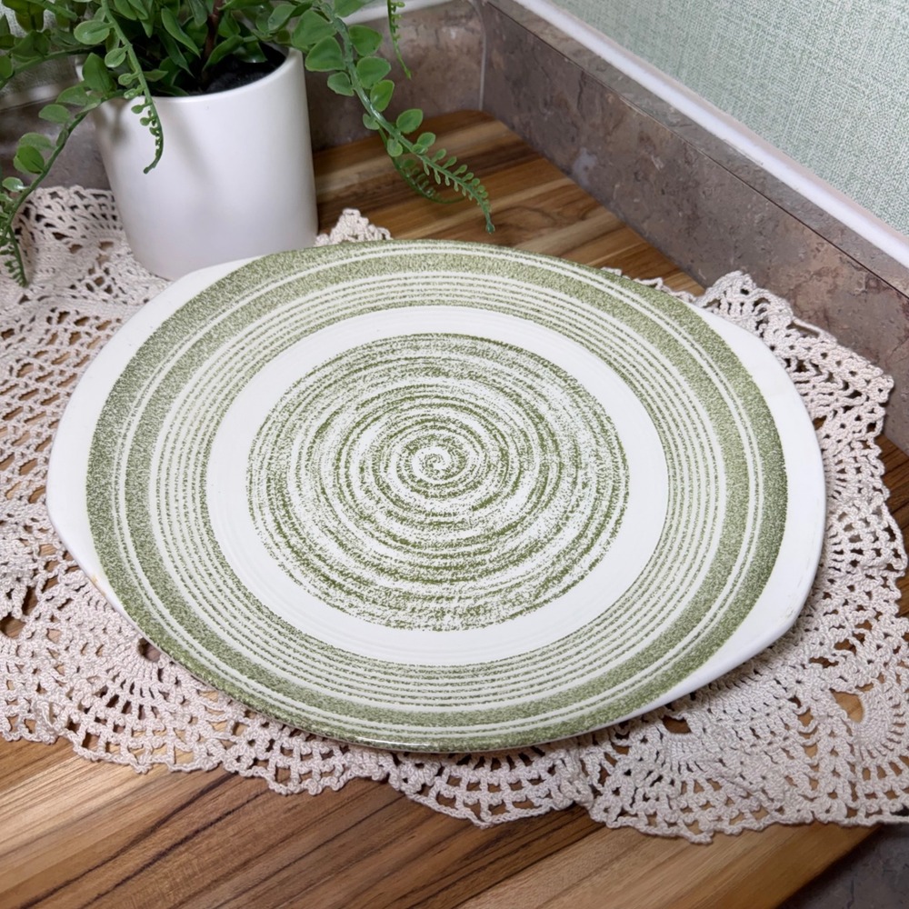 Vintage En Verde Casual Ironstone Green Spiral Platter Mid Century Modern USA